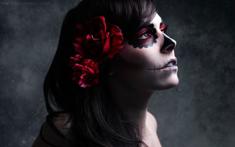 women, red, make-up, dark, lifestyles, headshot, studio shot, young women, beauty in nature, young adult, brunette, beautiful woman, Dia de los Muertos