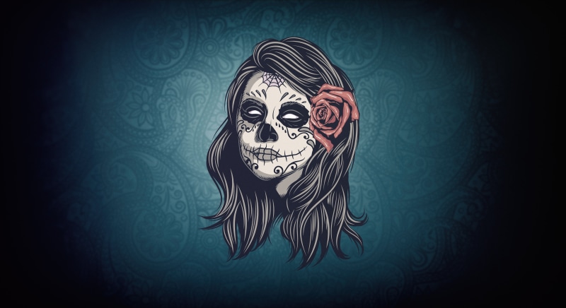 flower in hair, skull, artwork, women, Dia de los Muertos, 4K