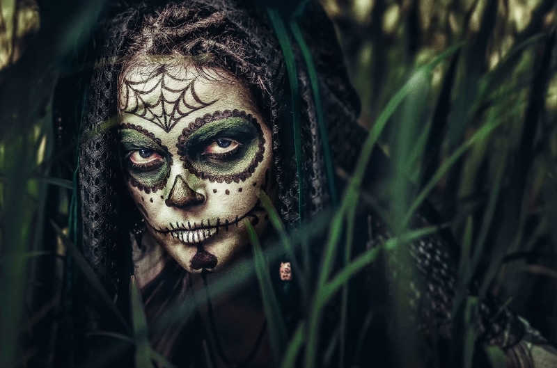 makeup, Sugar Skull, model, 1080P, body paint, Dia de los Muertos, fantasy girl, portrait, women, face, jungle