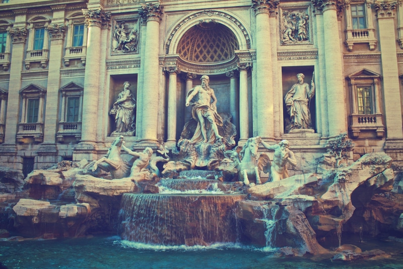 fountain, architecture, leonardo da vinci, trevi fountain, architectural column, rome, art and craft, 2K, travel destinations, human representation, representation