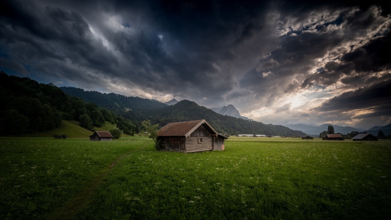 highland, 4K, mountain village, grassland, field, landscape, nature, hut, cloud, grass, cloudy sky, sky, log cabin, mountain, rural area, hill, valley
