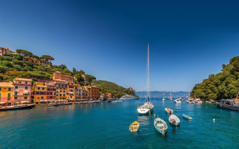 Italy, Houses, Liguria, Yachts, Sea, 1080P, Portofino, Boats, Mountains