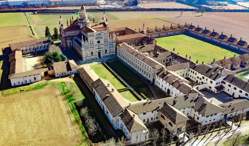 landscape, history, certosa di pavia, field, sunlight, the past, art, renaissance, gothic, in flight, national monument, roof, outdoors, residential district