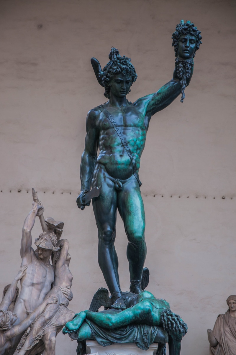 perseus, creativity, statue, female likeness, spirituality, art and craft, wall - building feature, human representation, craft, florence, sculpture, male likeness