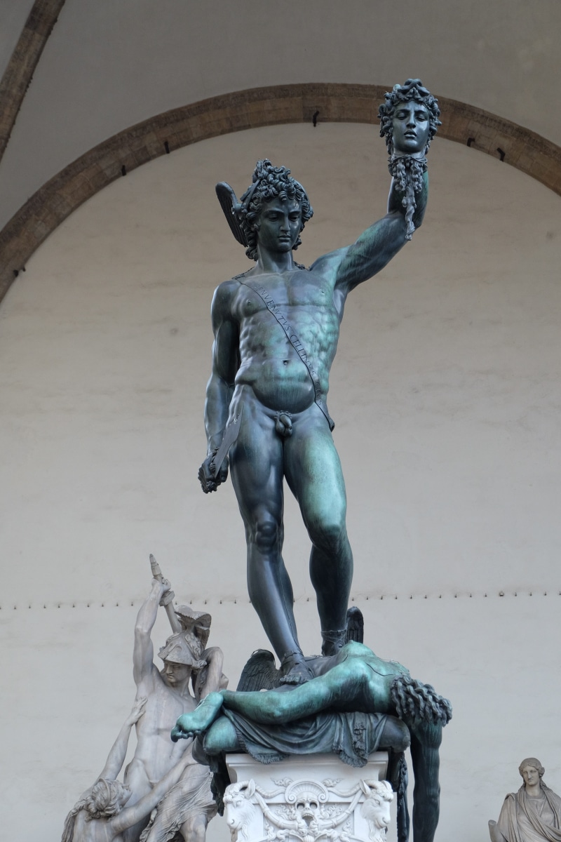art and craft, perseus, craft, the past, sculpture, architecture, day, built structure, female likeness, florence, wall - building feature, low angle view