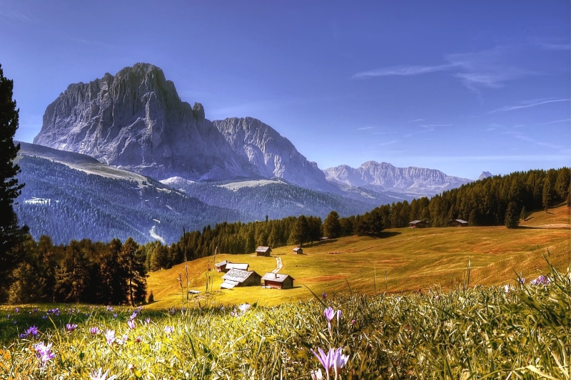 mountain Range, unesco world heritage, height, distant view, no People, view, blue, environment, green Color, Dolomites, val gardena, Italy, hill, field