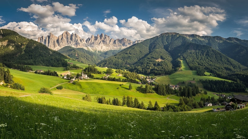 sky, forest, house, trees, landscape, nature, 1080P, flowers, clouds, path, Italy, Val di Funes, Dolomites (mountains), mountains, village