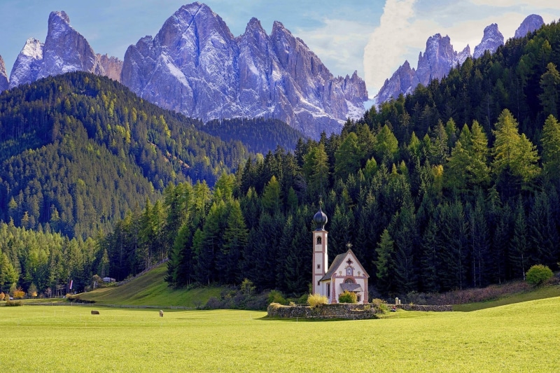 white, environment, pine tree, built structure, outdoors, 1080P, plant, green color, land, meadow, religion, place of worship, Dolomites, mountain, travel destinations
