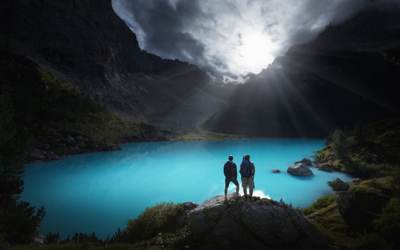Alps, water, Italy, man, turquoise, hiking, shrubs, sky, daytime, clouds, sun rays, mountains, nature, two, 720P, landscape, lake, summer