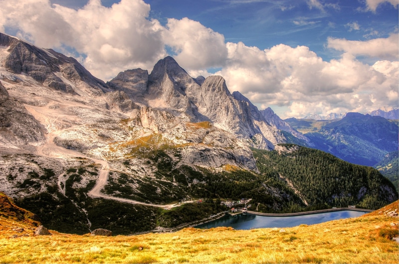 Marmolada, blue, still, formation, rock, water, reported, excursion day, bergsee, nature, pine tree, scenics - nature, mountain meadows, forest, sky, clear
