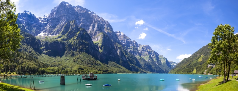 mountain, 8K, europe, landscape, Lake, Klöntaler See, forest, daytime, european Alps, body, outdoors, water, scenics, travel, Nature, body of water, summer