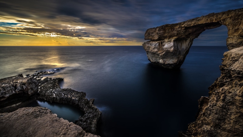rocks, beach, Gozo, seascape, dusk, orange, MT, long exposure, formation, full frame, natural, fe, motion, photo, photography, arch, water, geotagged, a7