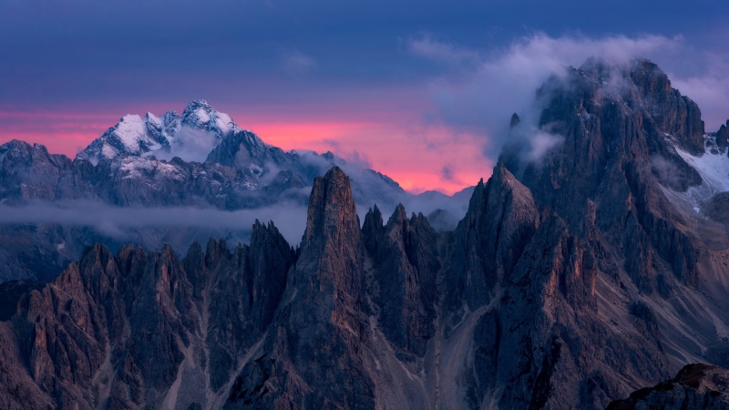 sunset, Devils tower, Tower of the Devil, tops, 5K, Italy, Cadini di Misurina, Veneto, Dolomites, mountains, The Dolomites, Devils Tower