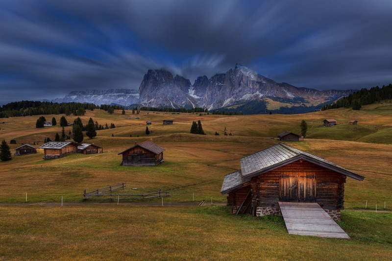 farm, environment, beauty in nature, landscape, fence, field, built structure, 720P, trees, architecture, grass, sky, cloud - sky, nature, Dolomites (mountains)