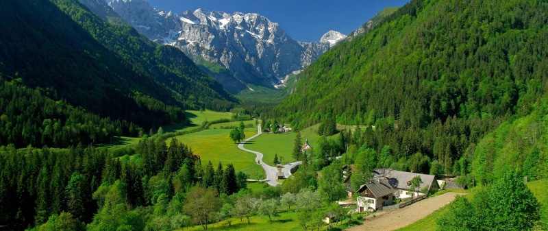 valley, village, landscape, Alps, 2K, mountains