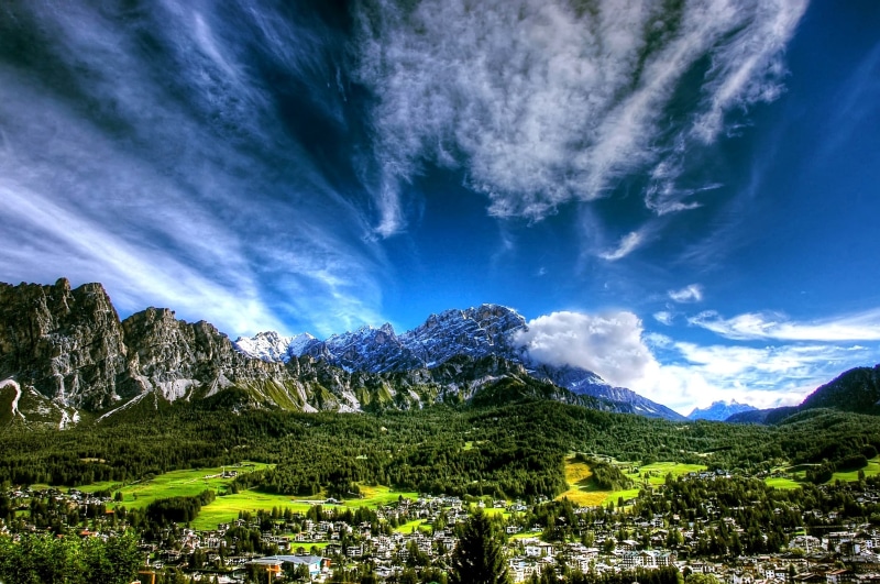 distant view, mountain, landscape, sky, outlook, mountain peak, blue, rural scene, snow, tranquil scene, cortina d ampezzo, scenics - nature, green color