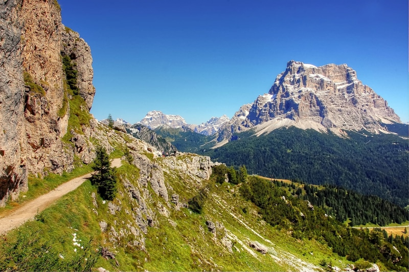 non-urban scene, 2K, belluno, height, monte pelmo, mountain range, day, summer, blue, outdoors, land, mountain, panorama, vacations, pine tree, sky, tranquility
