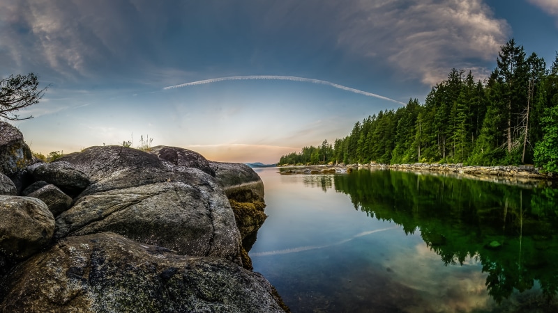 landscape, green, Mermaid, outdoors, Jervis Inlet, black stones, Contrails, Reflections, beauty In Nature, Sea, Sunshine Coast, white, Treeline, 5K, water