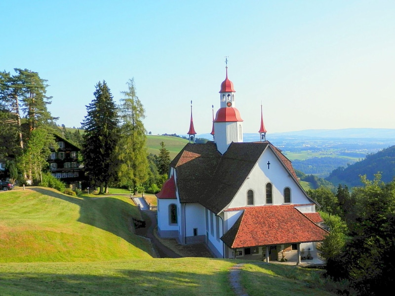 1080P, pilgrimage, trees, Kriens, house, architecture, concrete, church, Schweiz, white skies, skies, brown, white, Luzern, Kirche, mountains, near, tall
