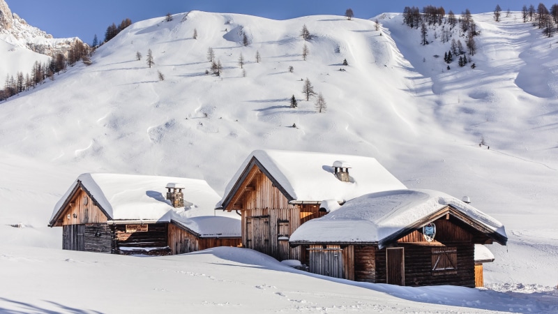shelter, soraga, dolomite mountains, mountain, rifugio fuciade, hut, europe, dolomites, house, 4K, snowy, winter, fuciade refuge, slope, italy, val di fassa
