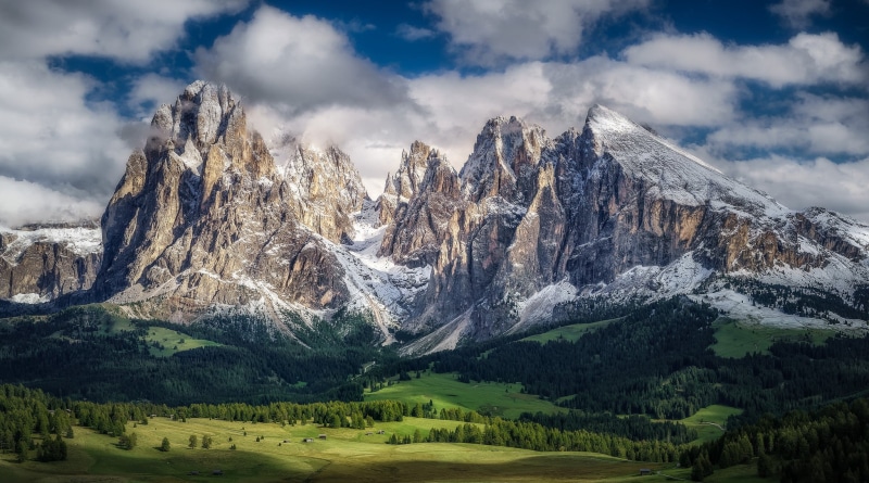 tranquil scene, Santa Cristina Valgardena, environment, mountain range, idyllic, tree, land, sky, no people, mountains, Italy, snowcapped mountain, green color