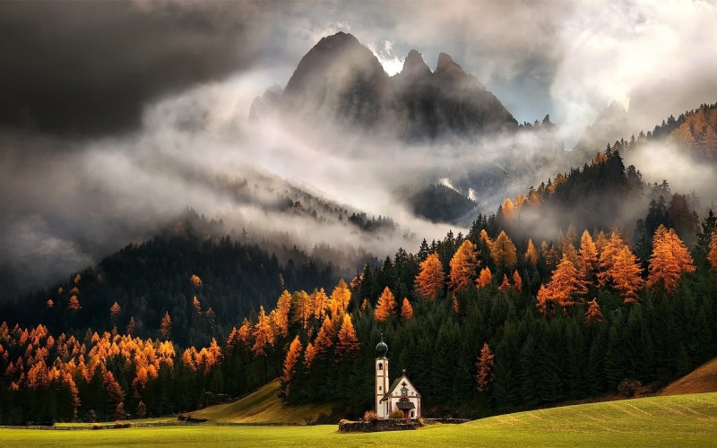 tranquil Scene, church, idyllic, Alps, cloudscape, scenics, outdoors, green Color, fog, sky, white, sunset, house, blue, landscape, sun, famous Place, valley