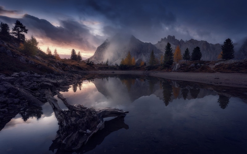 grey, reflection lake, famous Place, forest, snowed, non-urban scene, fog, sunset, 720P, fall, outdoors, mountain Range, national Landmark, landscape