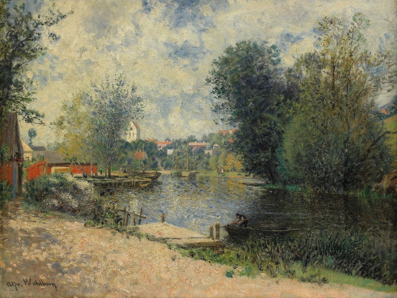 art, tranquility, leafed, sky, autumn, growth, land, outside, alfred wahlberg, 1080P, painting, beautiful, river, plants, stream, artistic, no people