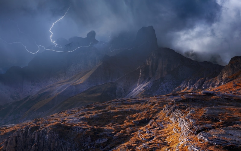 power, non-urban scene, 1080P, brown, mountain peak, cloud - sky, lightning, geology, mountains, outdoors, thunderstorm, mist, landscape, sign