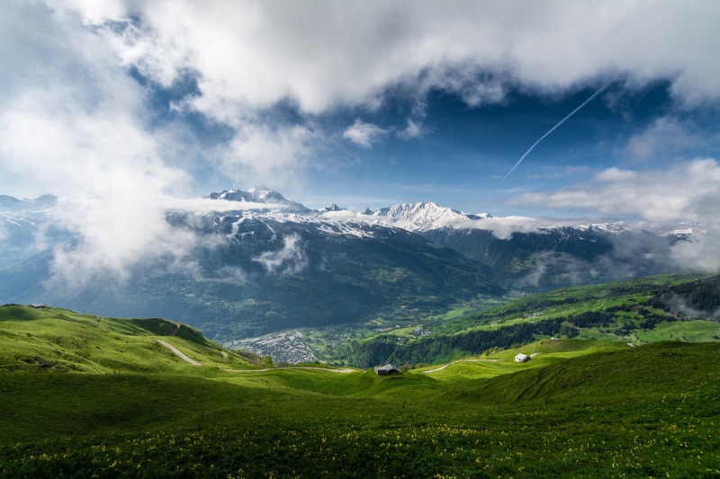 peak, cloud - Sky, mountain peak, mountaineer, blue, idyllic, meadow, travel, alpes, mountain range, springtime, snow, summer, wide angle, spring, view