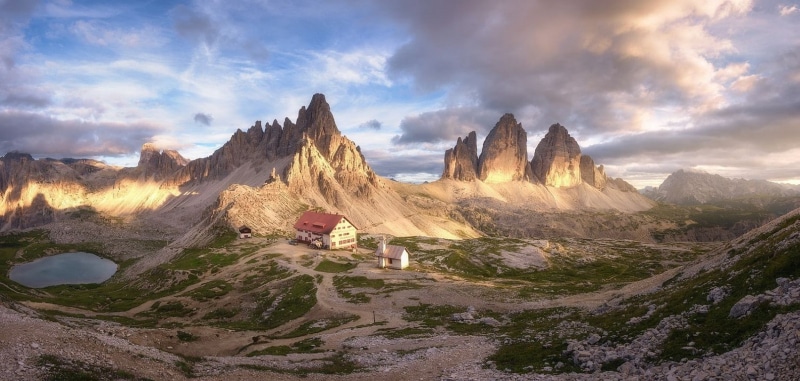landscape, tourism, land, morning, 720P, Dolomites (mountains), summer, mountain peak, sky, environment, sunlight, non-urban scene, hotel, no people, mountains