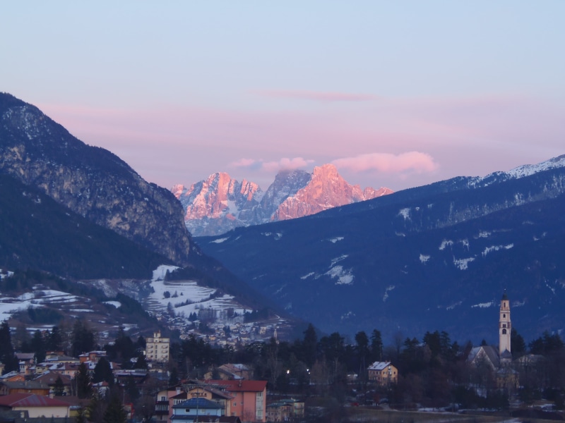 cold temperature, mountain peak, mountain range, built structure, sunset, plant, sky, fiemme, outdoors, winter, cavalese, snow, scenics - nature, building