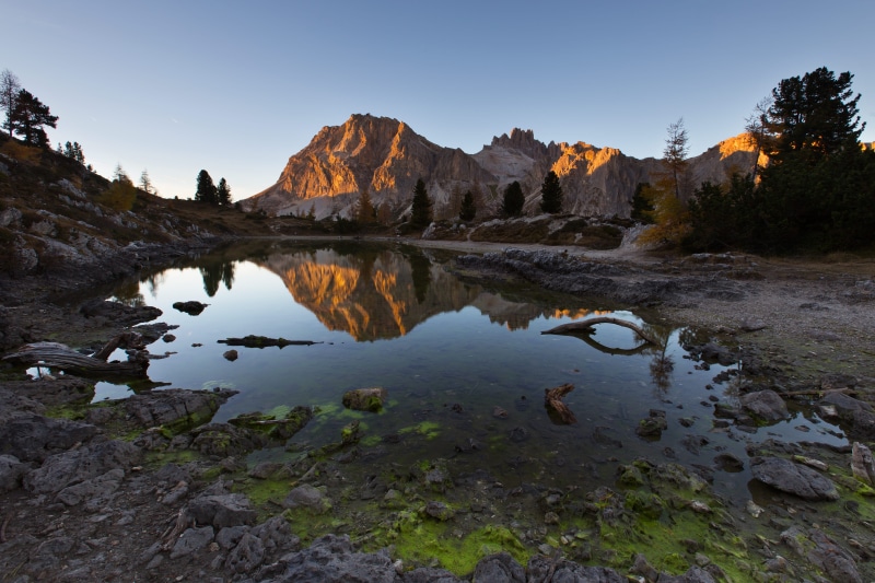 mountain, dolomiti, environment, travel, land, algae, landscape, nature, swamp, rock - object, mirror, daytime, 5K, reflection, rock, tranquility, golden