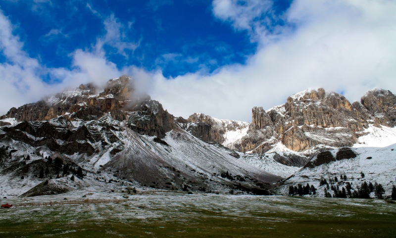 outdoors, italy, tranquil scene, rocky, scenics - nature, cloud - sky, snow, moena, cloud, mountain, water, 4K, peak, cloudscape, ice, spring, sky, winter