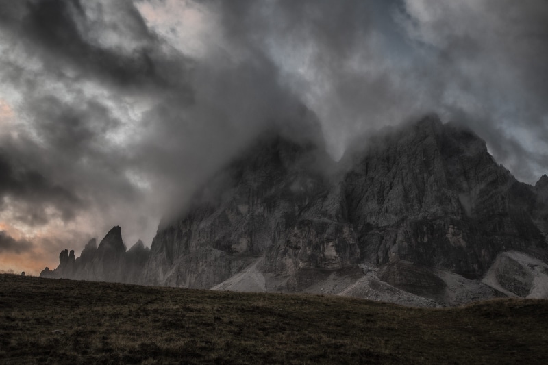 no people, land, clouds, landscape, cloud - sky, fog, peak, mountain, nature, outdoors, 5K, covered, mountains, storm, italy, moody, peitlerkofel, angle