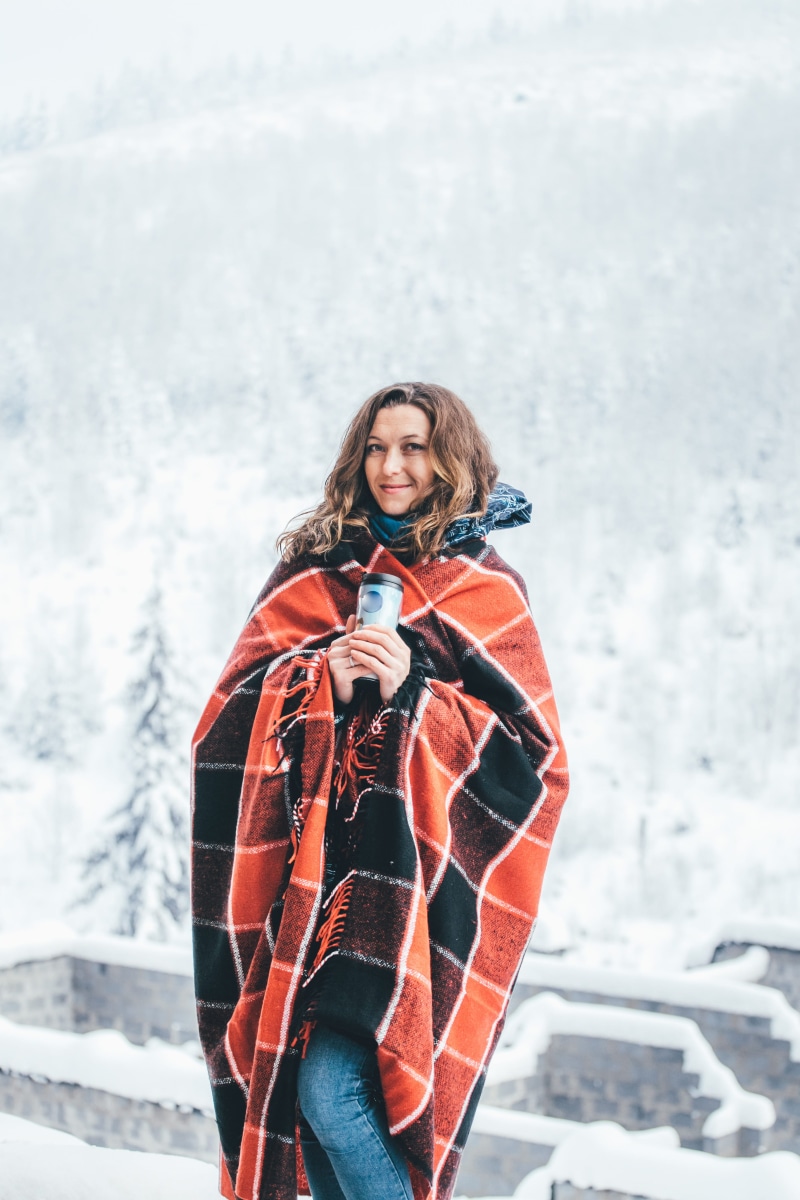 cape, front view, nature, clothing, ice, snow, skiing, mountains, girl, hairstyle, young women, looking at camera, young adult, cottage, one person, mountain