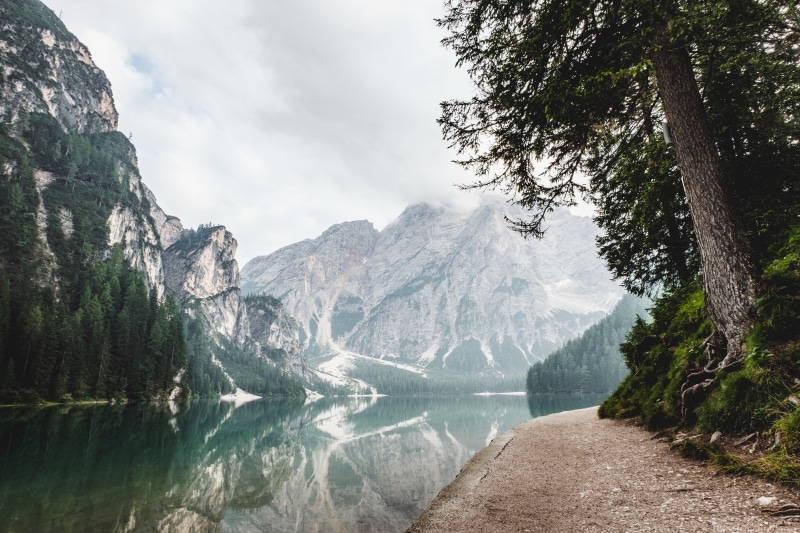 flowing, no people, cloud - sky, lake, outdoors, South Tyrol, trees, tree, mountain range, day, beauty in nature, plant, formation, sky, mountain, Lake Pragser