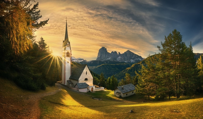 The Dolomites, Church. James, Dolomites, trees, mountains, sunset, Urtijëi, 1080P, Church, Ortisei, South Tyrol, Italy, St. Jacobs Church