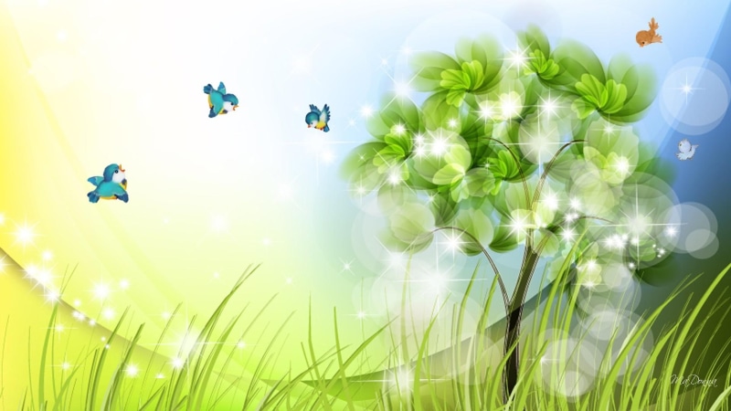 whimsical, lights, field, wonder, nature, tree, shine, grass, abstract, burds, 1080P, natures, partilces, cute, light