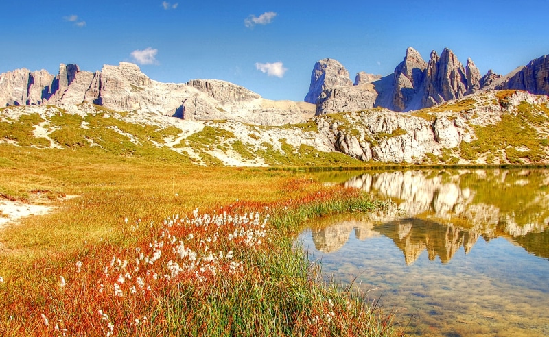 mountain, panorama, holiday, rock formation, bergtour, outdoors, three zinnen, no people, lake, alm, south tyrol, sun, travel, travel destinations, summer
