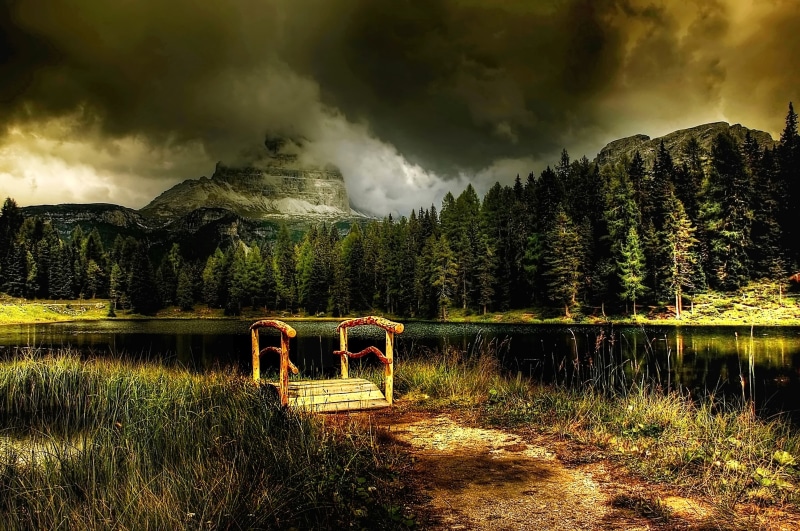 hike, belluno, three zinnen, view, lake, panorama, tre cime, alm, sesto, mountain, mood, tranquil scene, no people, bridge, outdoors, cloud - sky, woodland