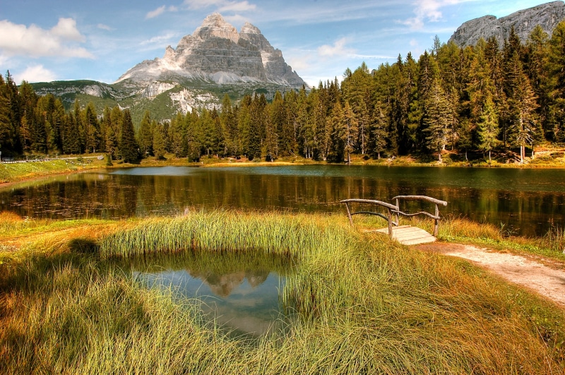 hiking, tree, scenics - nature, water, beauty in nature, grass, 2K, panorama, dolomite, body, cloud - sky, natural wonders, trees, blue, steep wall, dolomites