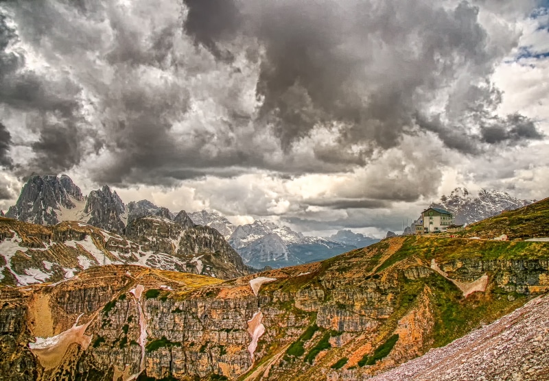 accommodation, land, outdoors, high, travel destinations, storm, spring, view, italy, mountains, scenics - nature, sky, 2K, alm, dramatic, no people, three zinnen