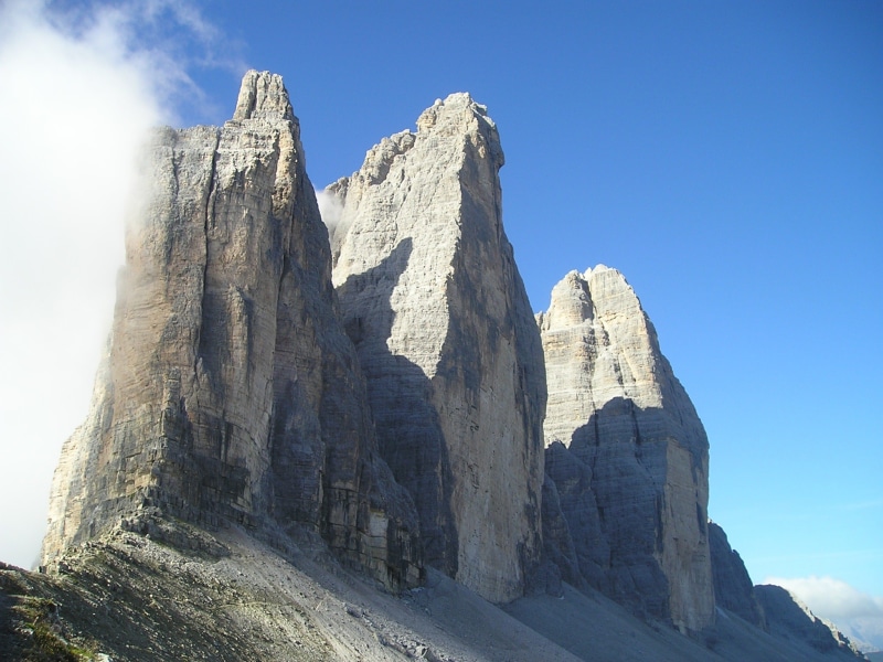 climbing wall, three zinnen, blue, clear sky, formation, physical geography, rock, day, nature, environment, solid, rock formation, steep wall, travel destinations