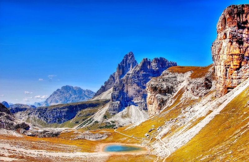 cold temperature, view, trail, beauty in nature, snowcapped mountain, tranquility, rubble field, tranquil scene, three zinnen, alpine climbing, nature