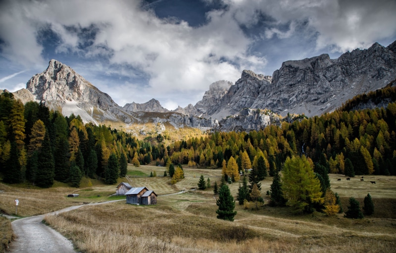 snowcapped mountain, outdoors, val di fassa, forest, tree, scenics - nature, mountain, tranquility, landscape, nature, cloud - sky, environment, green