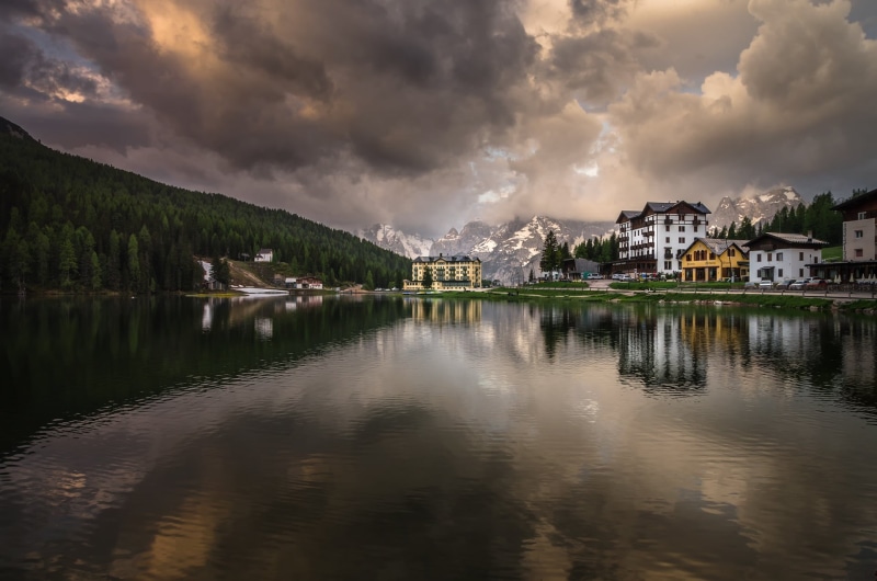 morning, resort, landscape, 1080P, Misurina, The Dolomites, Italy, lake, village, mountains, reflection, dawn, nature