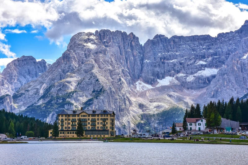 mountain peak, 5K, summer, lake, outdoors, building, cloud - sky, scenics - nature, misurina, day, italy, formation, architecture, dolomites, nature, snow