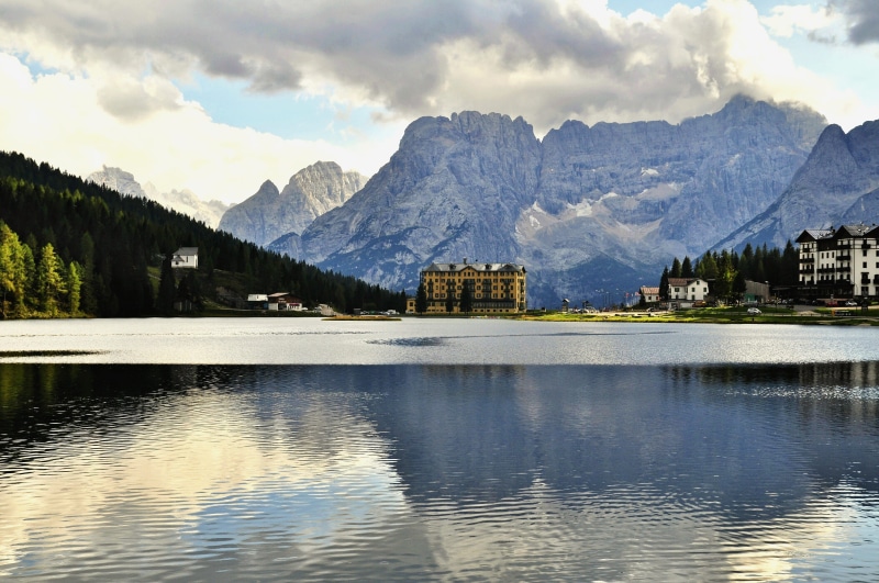 lake, plant, dolomites, south tyrol, snowcapped mountain, sky, reflection, mountains, landscape, no people, scenics - nature, day, waterfront, water, architecture