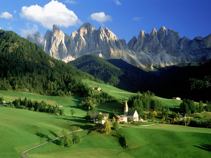 activity, mountain, 720P, Funes, no people, leisure activity, travel destinations, Dolomites, tree, golf course, landscape, beauty in nature, sport, outdoors
